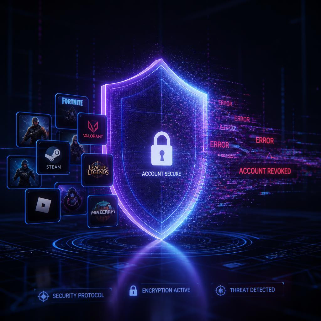 Warning illustration of shared Steam account risks including bans, password resets, and revoked game licenses