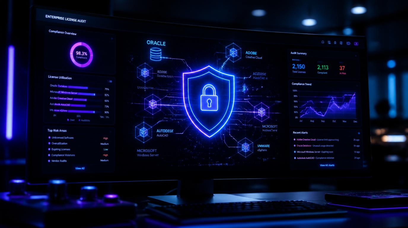 Enterprise license audit dashboard showing software compliance status