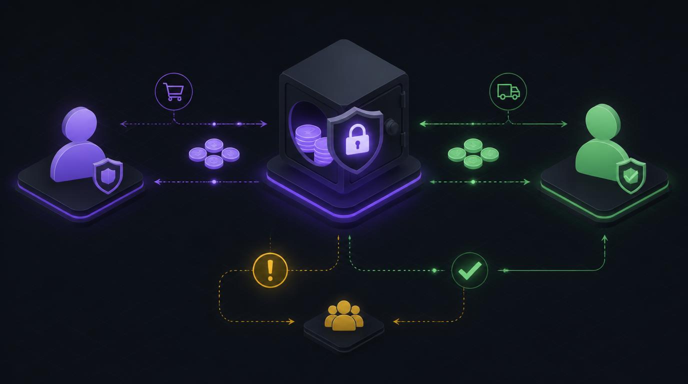 Marketplace escrow dispute timeline showing buyer protection window and fund hold mechanics